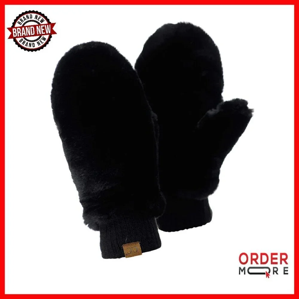 Women's Faux Fur Sherpa Lined Convertible Mittens Gloves Wrist Length